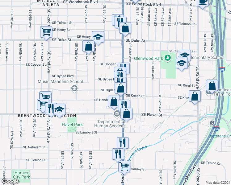 map of restaurants, bars, coffee shops, grocery stores, and more near 8118 Southeast Ogden Street in Portland