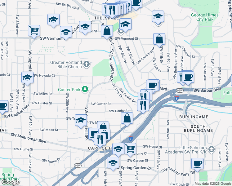 map of restaurants, bars, coffee shops, grocery stores, and more near 7415 Southwest 17th Drive in Portland