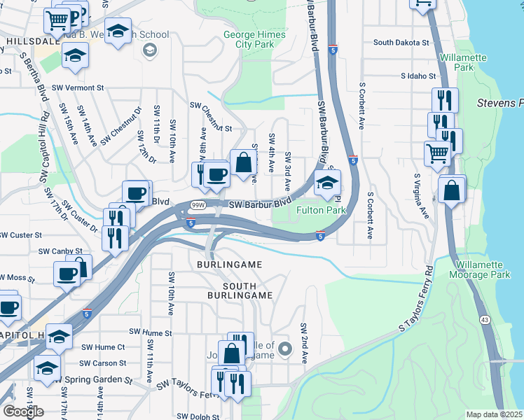 map of restaurants, bars, coffee shops, grocery stores, and more near 7350 Southwest Barbur Boulevard in Portland