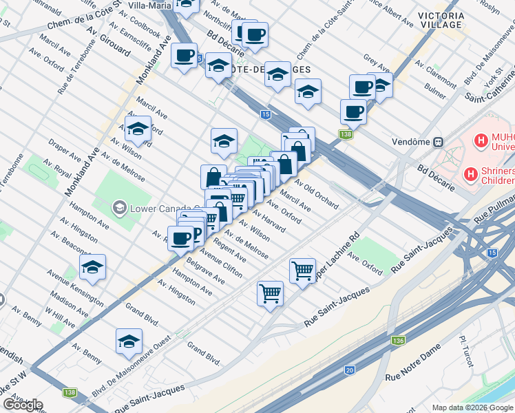 map of restaurants, bars, coffee shops, grocery stores, and more near in Montreal