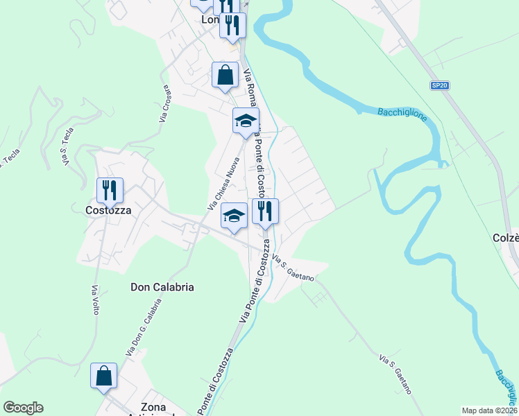 map of restaurants, bars, coffee shops, grocery stores, and more near 34 SP247 in Longare