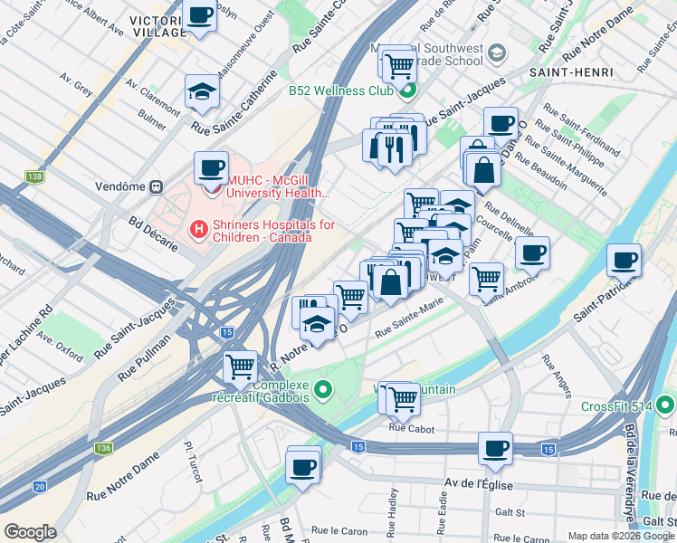 map of restaurants, bars, coffee shops, grocery stores, and more near 720 Rue Bourassa in Montréal