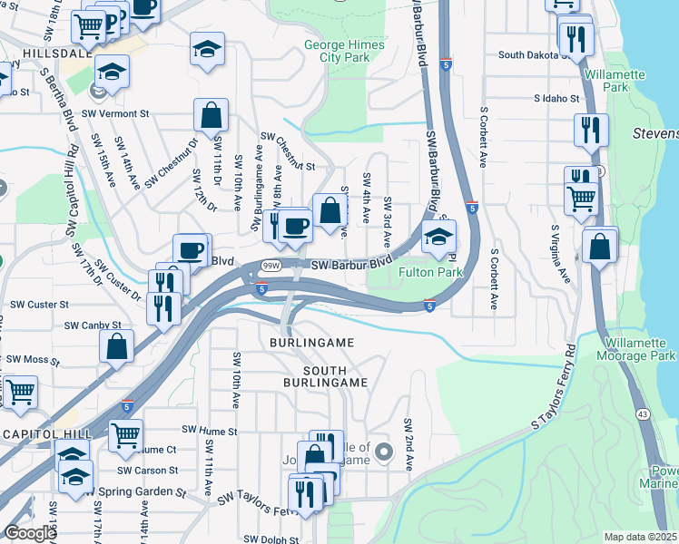 map of restaurants, bars, coffee shops, grocery stores, and more near 7360 Southwest Barbur Boulevard in Portland