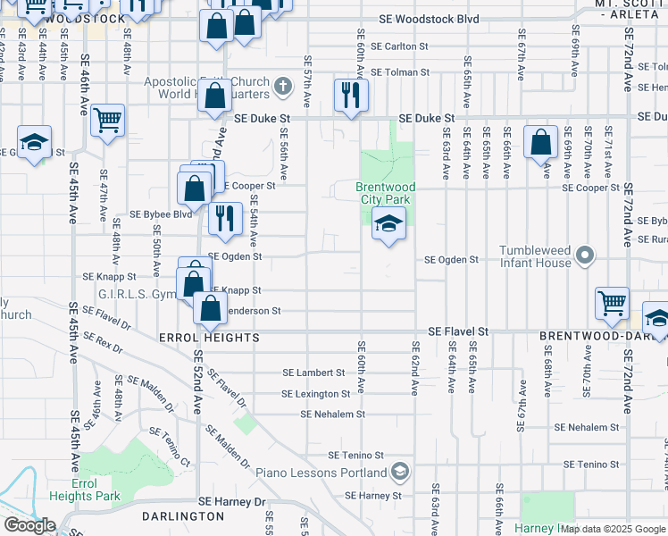 map of restaurants, bars, coffee shops, grocery stores, and more near 5738 Southeast Ogden Street in Portland