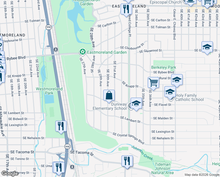 map of restaurants, bars, coffee shops, grocery stores, and more near 7411 Southeast 30th Avenue in Portland