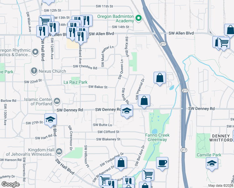 map of restaurants, bars, coffee shops, grocery stores, and more near 6775 Southwest Queen Lane in Beaverton