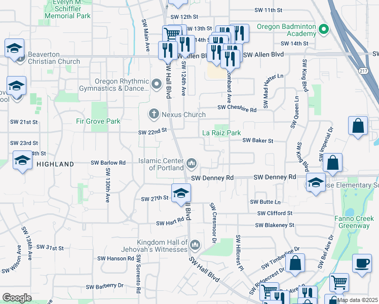 map of restaurants, bars, coffee shops, grocery stores, and more near 12320 Southwest Sussex Street in Beaverton