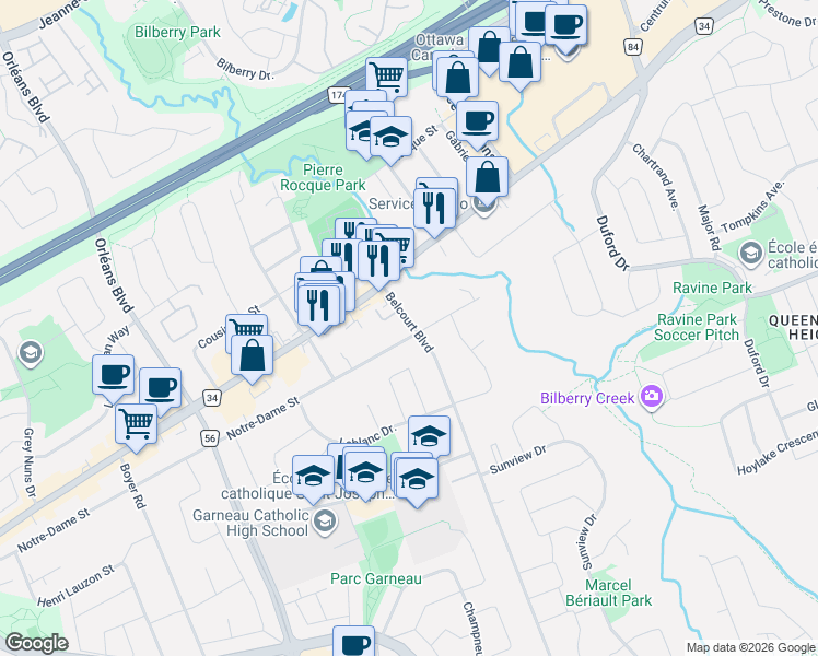 map of restaurants, bars, coffee shops, grocery stores, and more near 1368 Belcourt Boulevard in Ottawa