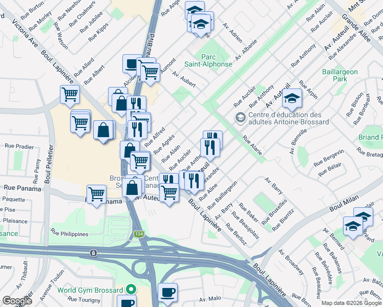 map of restaurants, bars, coffee shops, grocery stores, and more near 6016 Rue Auclair in Brossard
