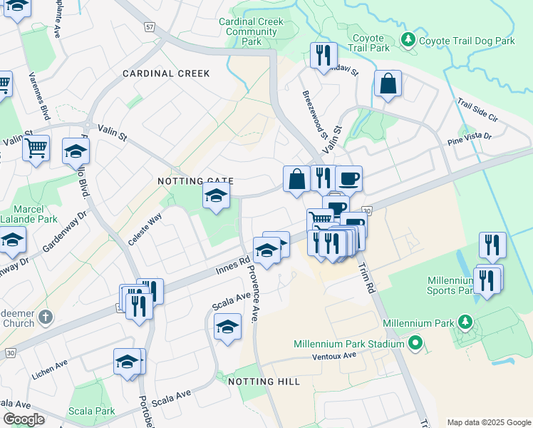 map of restaurants, bars, coffee shops, grocery stores, and more near Mulder Avenue in Ottawa