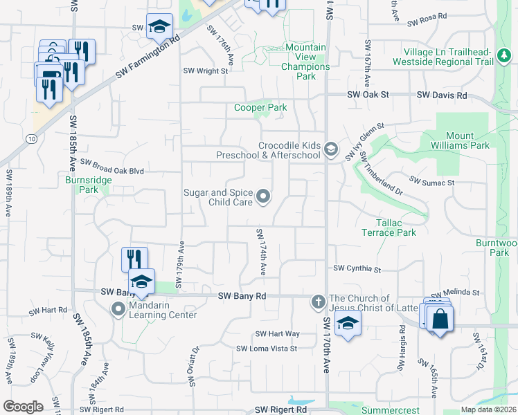map of restaurants, bars, coffee shops, grocery stores, and more near 6792 Southwest 173rd Place in Beaverton