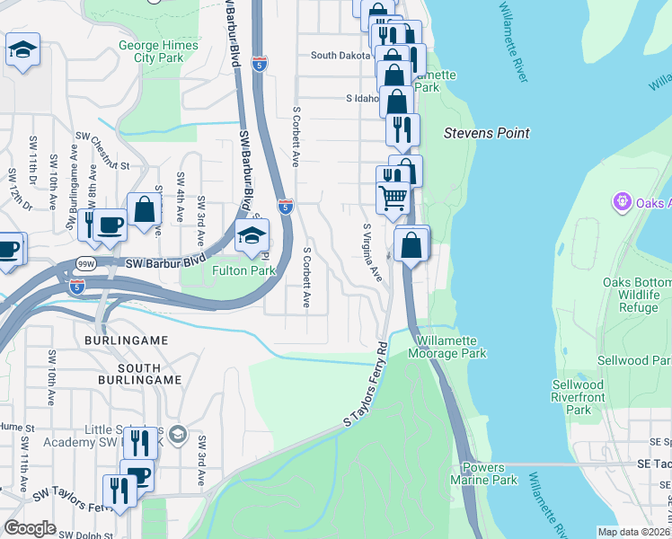 map of restaurants, bars, coffee shops, grocery stores, and more near 412 Southwest Miles Street in Portland