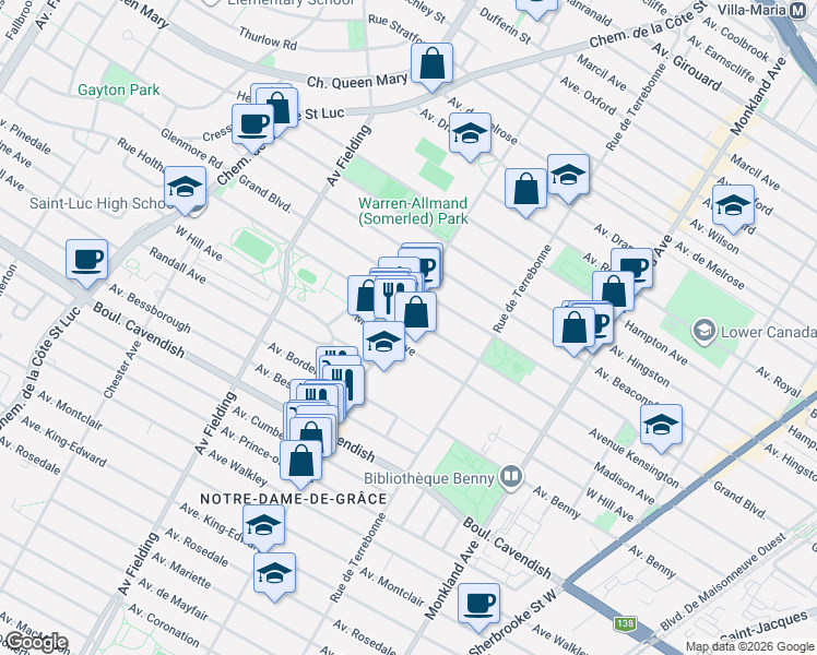 map of restaurants, bars, coffee shops, grocery stores, and more near 6252 Avenue Somerled in Montréal