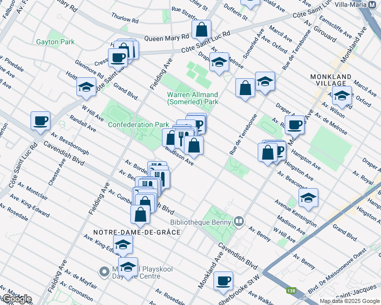 map of restaurants, bars, coffee shops, grocery stores, and more near in Montreal