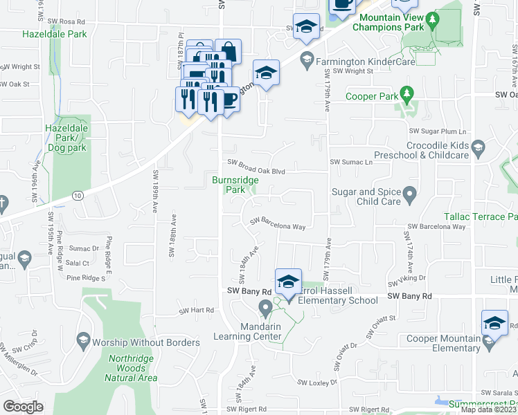 map of restaurants, bars, coffee shops, grocery stores, and more near 18320 Southwest Monte Verdi Boulevard in Beaverton