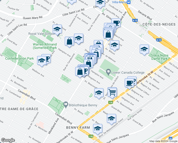 map of restaurants, bars, coffee shops, grocery stores, and more near 6050 Avenue de Monkland in Montréal