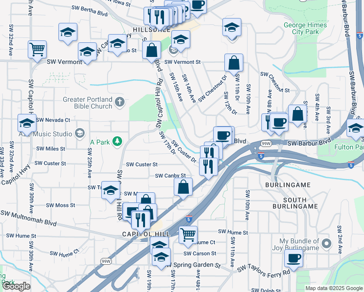 map of restaurants, bars, coffee shops, grocery stores, and more near 1420 Southwest Bertha Boulevard in Portland