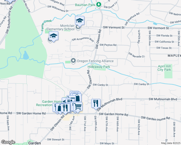 map of restaurants, bars, coffee shops, grocery stores, and more near 6750 Southwest Oleson Road in Portland