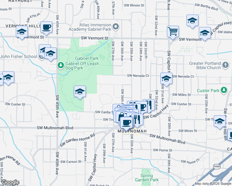 map of restaurants, bars, coffee shops, grocery stores, and more near 7422 Southwest 37th Avenue in Portland