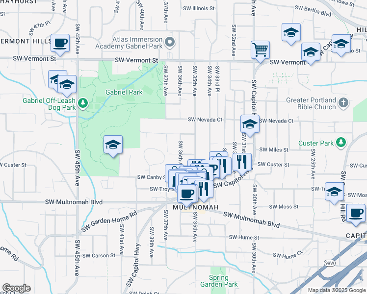 map of restaurants, bars, coffee shops, grocery stores, and more near 7420 Southwest 36th Avenue in Portland