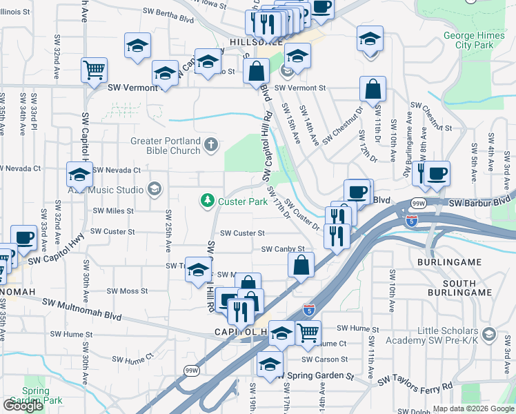 map of restaurants, bars, coffee shops, grocery stores, and more near 1816 Southwest Miles Street in Portland