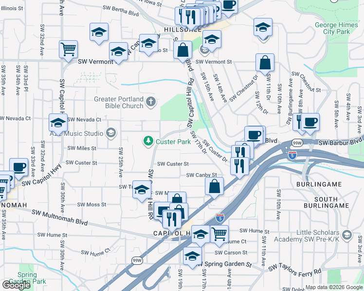 map of restaurants, bars, coffee shops, grocery stores, and more near 1816 Southwest Miles Street in Portland
