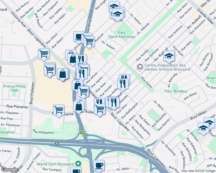map of restaurants, bars, coffee shops, grocery stores, and more near 6025 Rue Auclair in Brossard