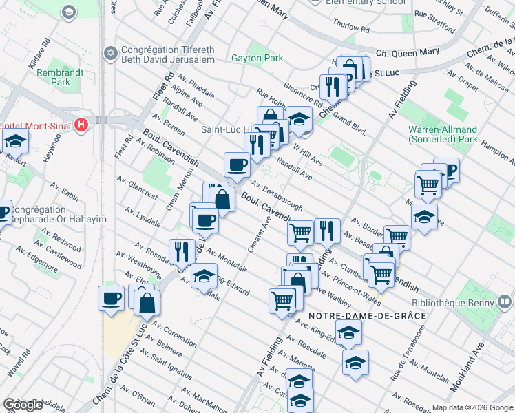 map of restaurants, bars, coffee shops, grocery stores, and more near 5362 Boulevard Cavendish in Montréal