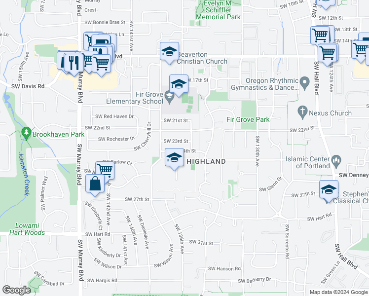 map of restaurants, bars, coffee shops, grocery stores, and more near 13555 Southwest 24th Street in Beaverton