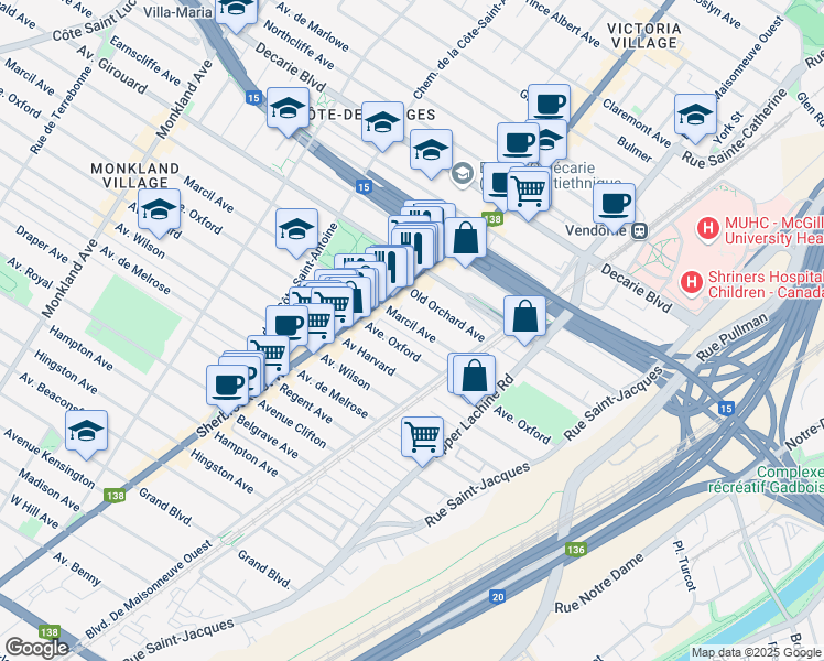 map of restaurants, bars, coffee shops, grocery stores, and more near 2260 Avenue Marcil in Montréal