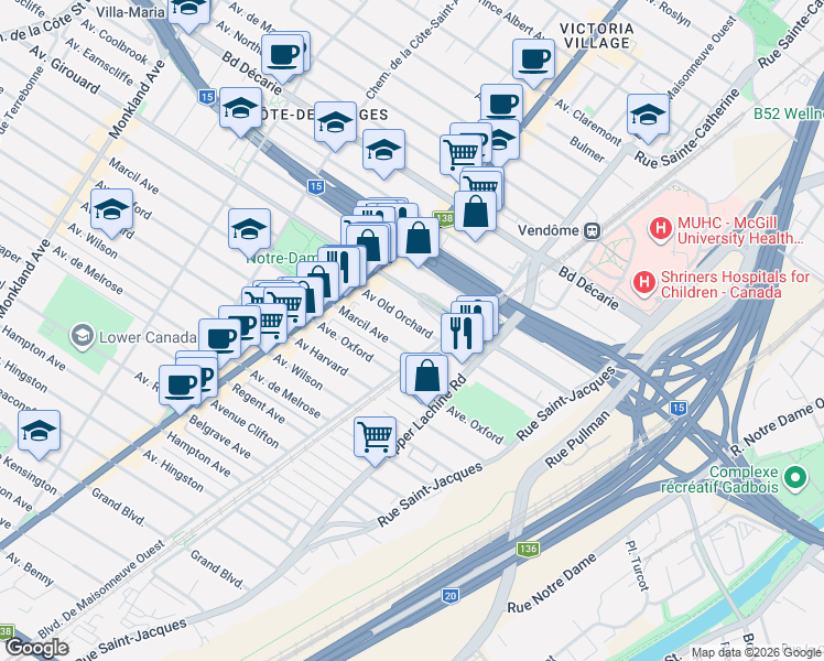 map of restaurants, bars, coffee shops, grocery stores, and more near 2162 Avenue Old Orchard in Montréal