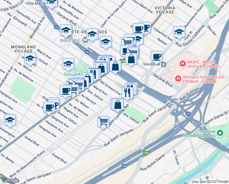map of restaurants, bars, coffee shops, grocery stores, and more near 2154 Avenue Old Orchard in Montréal