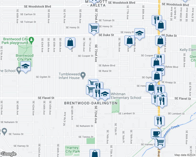 map of restaurants, bars, coffee shops, grocery stores, and more near 7200 Southeast 72nd Avenue in Portland