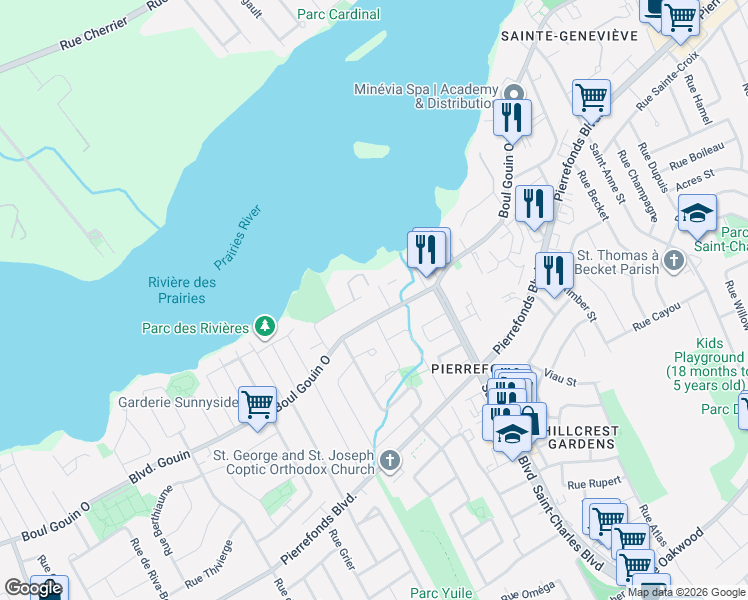 map of restaurants, bars, coffee shops, grocery stores, and more near 17124 Rue Julie in Montréal