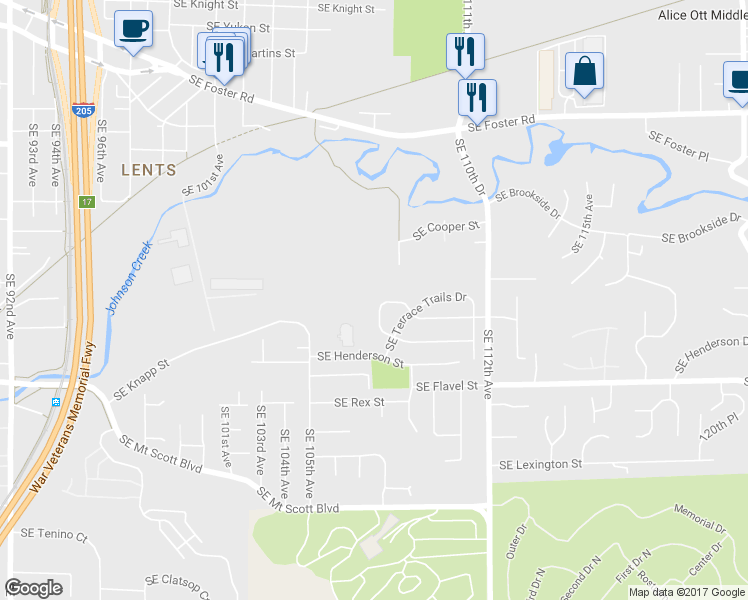 map of restaurants, bars, coffee shops, grocery stores, and more near 10735 Southeast Knapp Circle in Portland