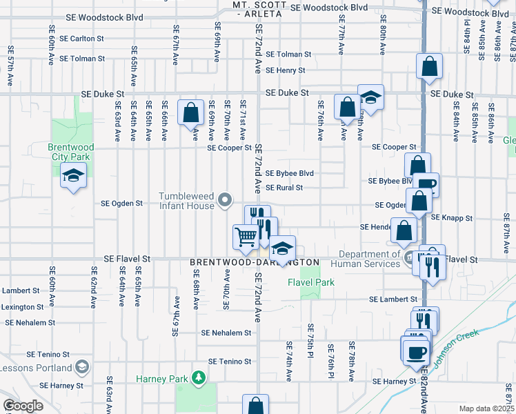map of restaurants, bars, coffee shops, grocery stores, and more near 7200 Southeast 72nd Avenue in Portland