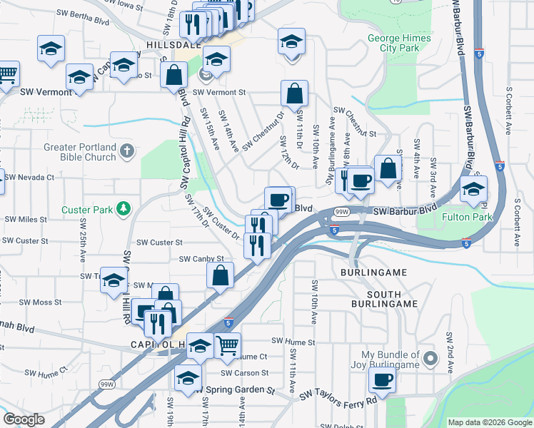 map of restaurants, bars, coffee shops, grocery stores, and more near 7322 Southwest 13th Drive in Portland