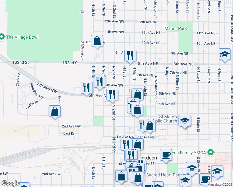 map of restaurants, bars, coffee shops, grocery stores, and more near 100-198 5th Ave NW in Aberdeen