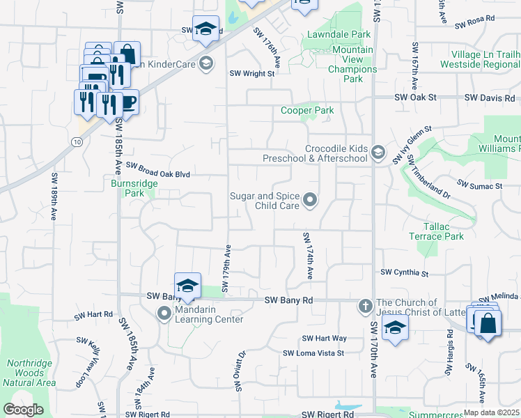 map of restaurants, bars, coffee shops, grocery stores, and more near 17619 Southwest Cody Lane in Beaverton