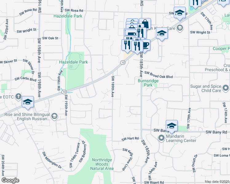 map of restaurants, bars, coffee shops, grocery stores, and more near 6770 Southwest 189th Avenue in Beaverton