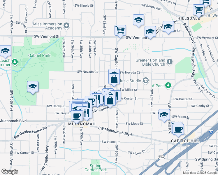 map of restaurants, bars, coffee shops, grocery stores, and more near 7403 Southwest 31st Avenue in Portland
