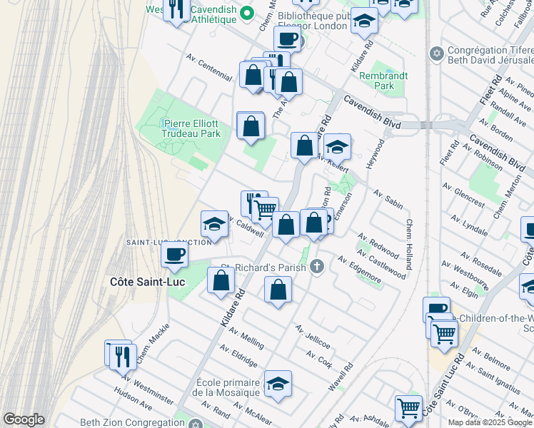 map of restaurants, bars, coffee shops, grocery stores, and more near in Côte Saint-Luc