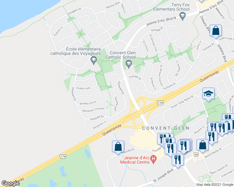 map of restaurants, bars, coffee shops, grocery stores, and more near 1168 Sauterne Park in Ottawa