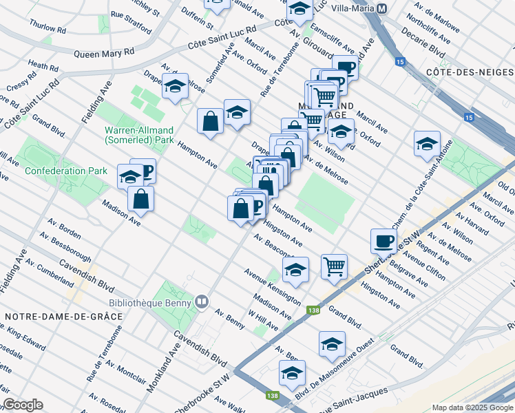 map of restaurants, bars, coffee shops, grocery stores, and more near 6055 Avenue de Monkland in Montréal