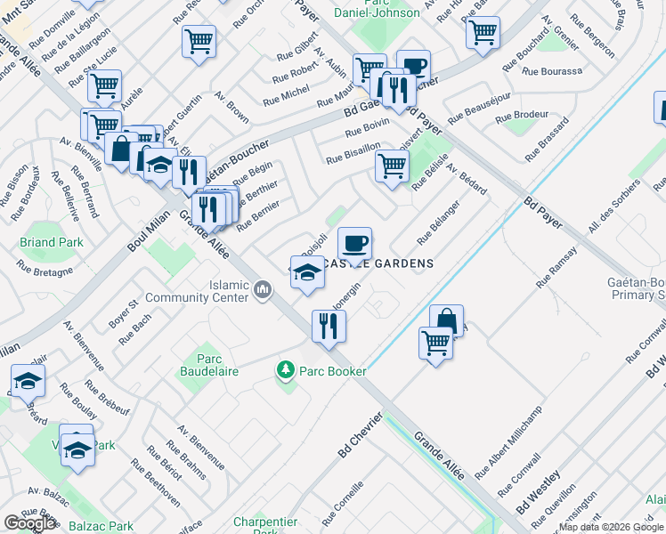 map of restaurants, bars, coffee shops, grocery stores, and more near 5335 Rue Canon in Longueuil