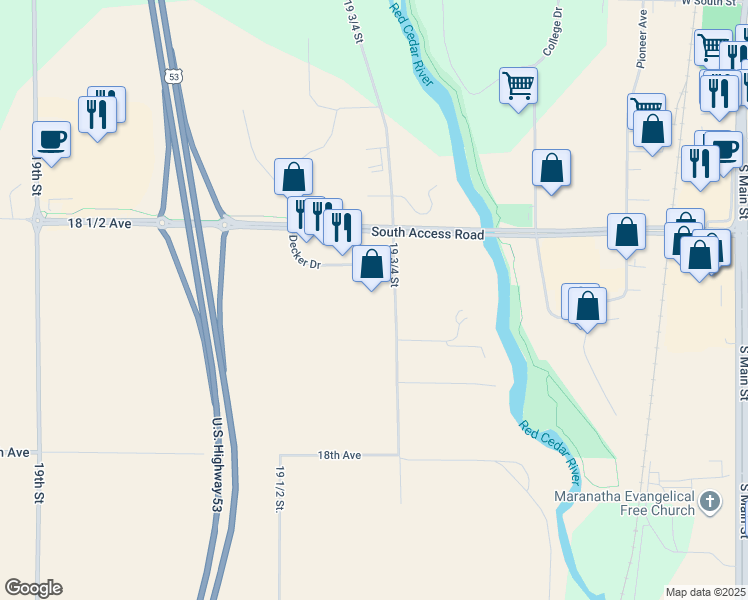 map of restaurants, bars, coffee shops, grocery stores, and more near 2960 Decker Drive in Rice Lake