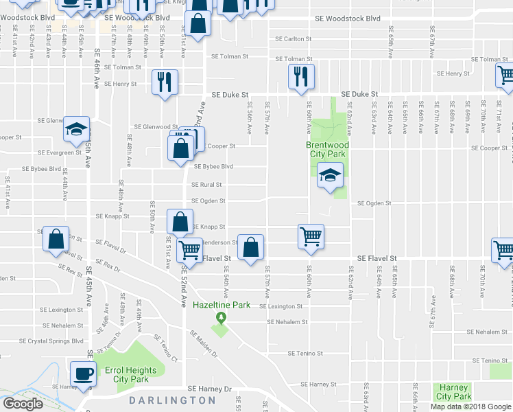 map of restaurants, bars, coffee shops, grocery stores, and more near 5610 Southeast Ogden Street in Portland
