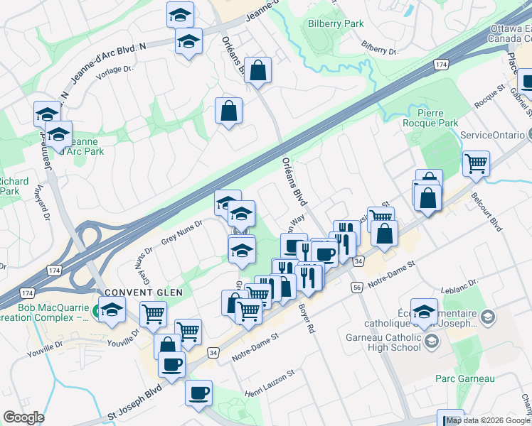 map of restaurants, bars, coffee shops, grocery stores, and more near 1725 Bonaventure Terrace in Ottawa