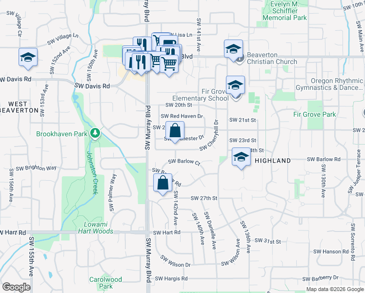 map of restaurants, bars, coffee shops, grocery stores, and more near 14225 Southwest Cherryhill Drive in Beaverton