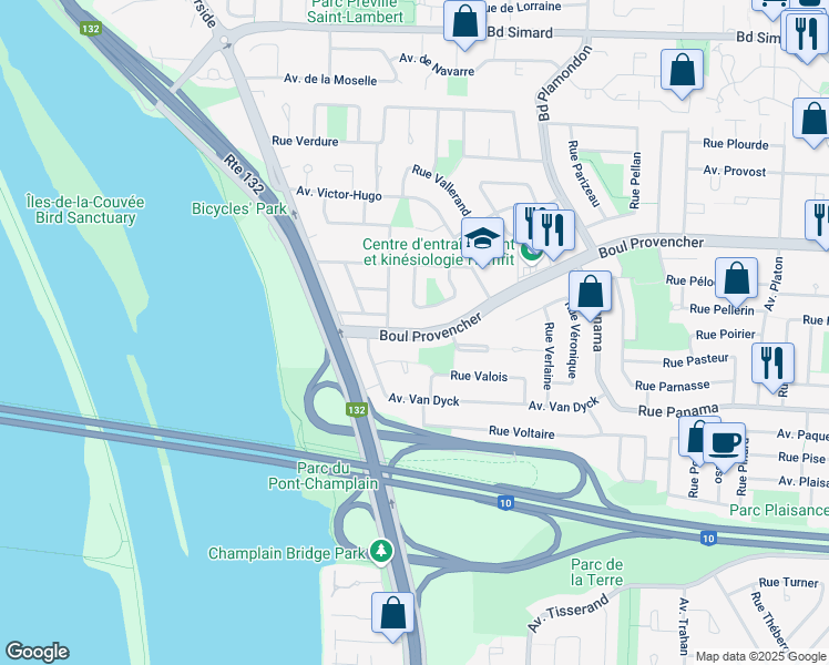 map of restaurants, bars, coffee shops, grocery stores, and more near Boulevard Provencher in Brossard